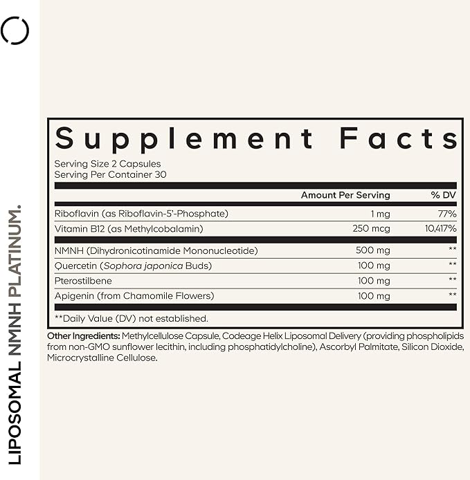 Codeage Liposomal NMNH Platinum - 500 mg NMNH Supplement, NAD+ Precursor with Quercetin, Pterostilbene, Apigenin, Active B Vitamins B2 Riboflavin & Vitamin B12 Methylcobalamin - Non-GMO - 60 Capsules