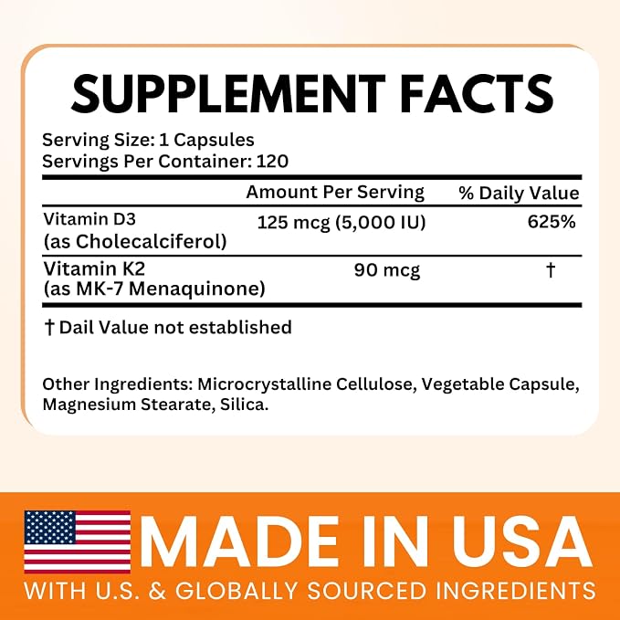 VITBOOST Vitamin D3 K2 Complex - Easy to Swallow - Vitamin D (D3) 5000 IU (125 mcg) & K2(MK-7) 90 mcg | Non-GMO | Gluten-Free | USA Made | 120 Capsules