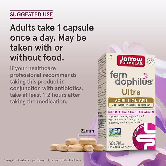 Jarrow Formulas Fem-Dophilus Vaginal & Digestive Probiotic 50 Billion CFU, 9 Clinically-Studied Strains, for Vaginal Flora & Yeast Balance, Urinary Tract, Digestive, & Immune Support, 30 Capsules