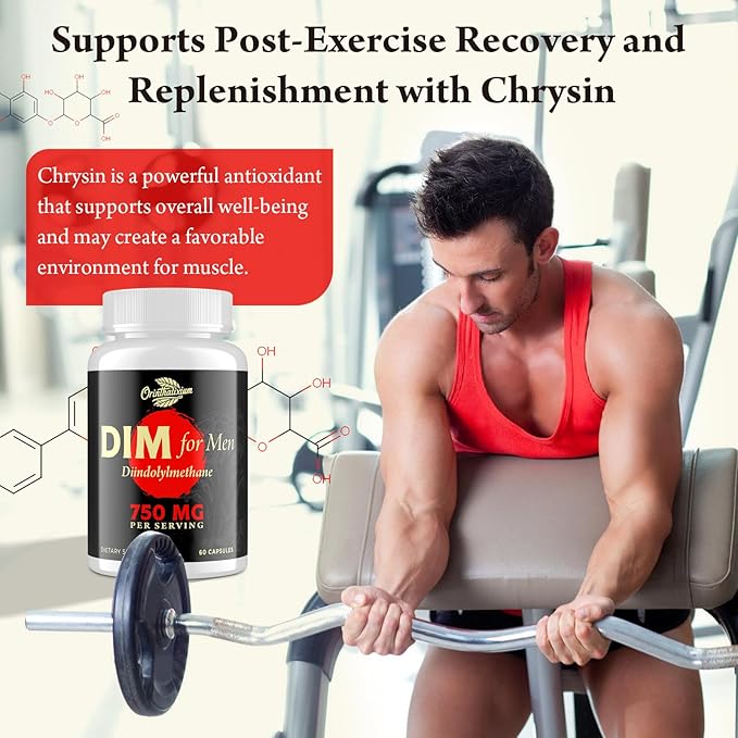 DIM for Men 750MG – Hormone Balance, Estrogen Support for Men, DIM Supplement, Detox, Vitality & Fitness Performance–Chrysin & Black Pepper Extract, 60 Capsules (1 Bottle)