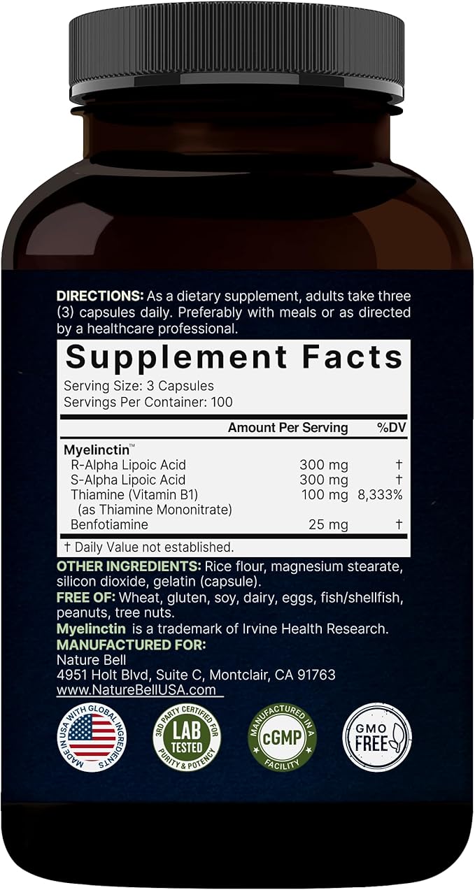 NatureBell Alpha Lipoic Acid Complex, 600mg, 300 Capsules | 4-in-1 Myelinctin Formula with R-ALA, S-ALA, Thiamine & Benfotiamine | High Absorption & Antioxidant Support | Non-GMO, Gluten-Free