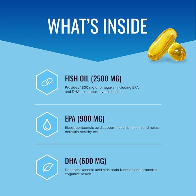 Omega-3 MD - EPA & DHA Supplement - 2500mg Omega 3 Fish Oil for Heart Health, Brain Support, Joint Comfort, & Overall Wellness - 1 Bottle - 3 Month Supply