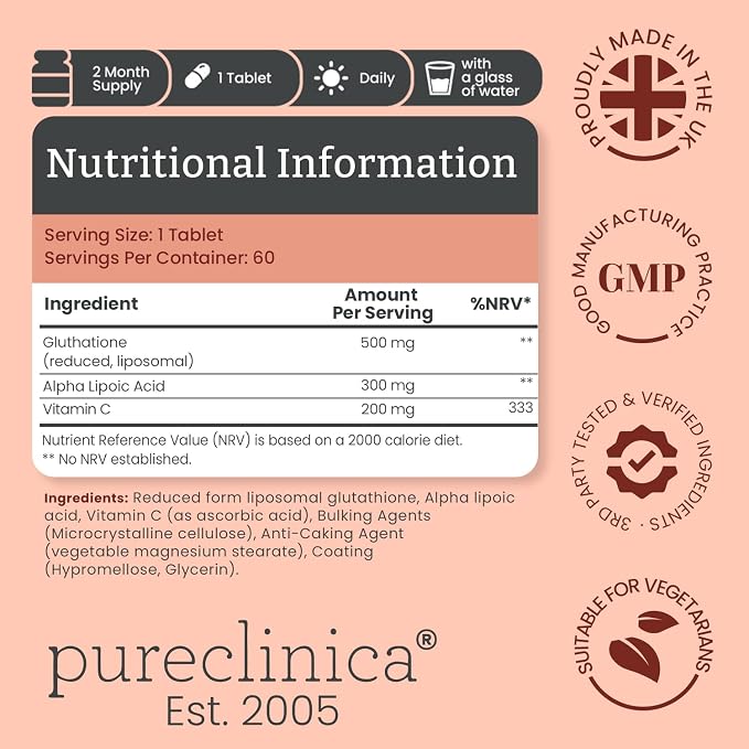 pureclinica Glutathione 1000mg x 60 Tablets. with 500mg Glutathione, 300mg ALA, and 200mg Vitamin C per Tablet.