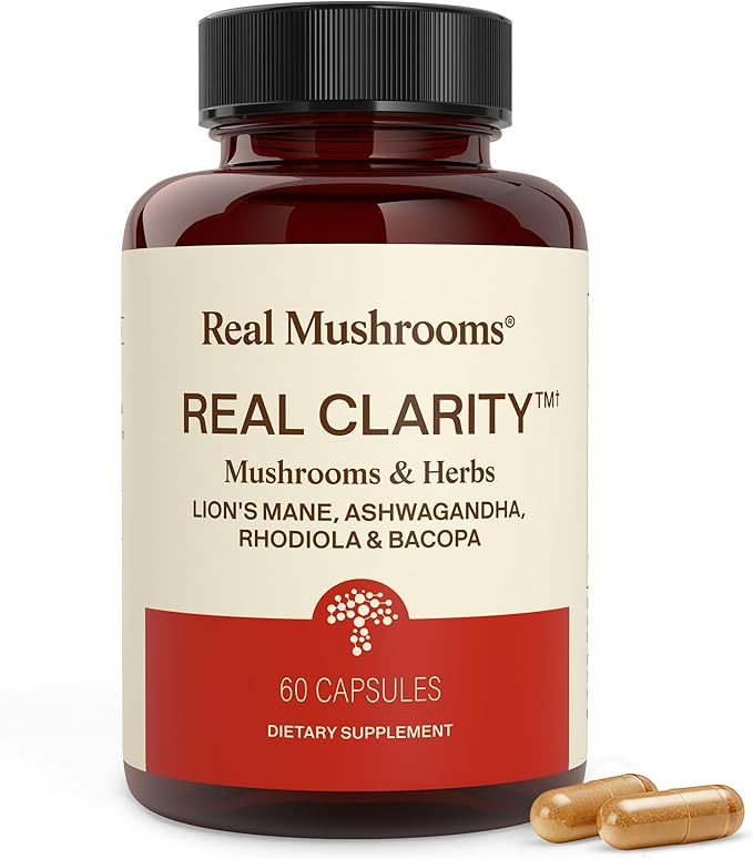 Real Mushrooms RealClarity Capsules – Lion’s Mane, KSM-66 Ashwagandha, Rhodiola & Bacopa – Mental Sharpness, Alertness. & Adaptogenic Support – Vegan, Non-GMO – 60 Count Mushroom Supplement