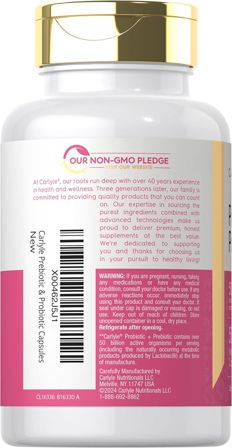 Carlyle Probiotic and Prebiotic for Women | 50 Billion Active Organisms Per Serving | 50 Capsules | with Organic Inulin | Vegetarian Supplement for Women
