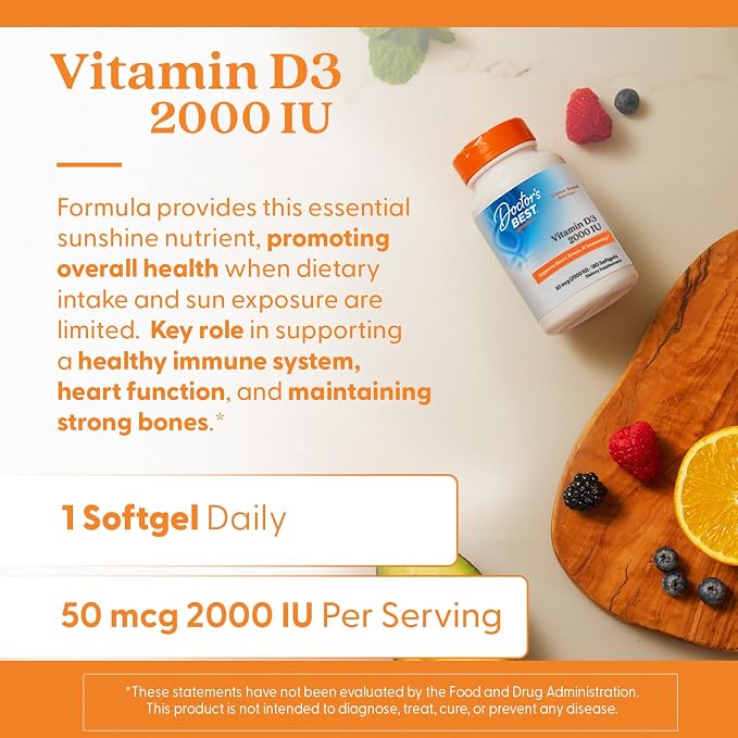 Doctor's Best Vitamin D3 2000 IU Softgels for Men & Women - Vitamin D Supplement for Immune System & Heart Health Support, 50 mcg per Serving, Vit D 3, Non GMO, Gluten Free, Soy Free - 180 Softgels