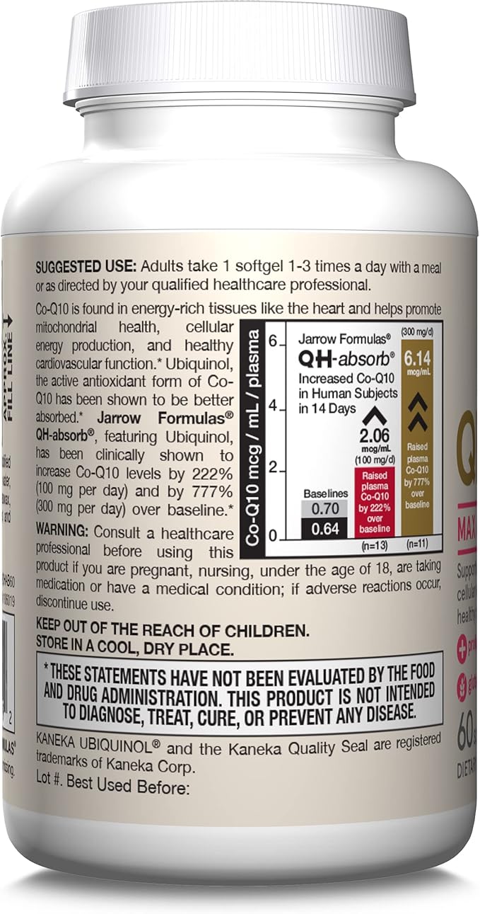Jarrow Formulas QH-Absorb Ubiquinol 100mg - 60 Softgels - High Absorption & Active Antioxidant Form of Co-Q10 - Supports Mitochondrial Energy Production & Healthy Cardiovascular Function