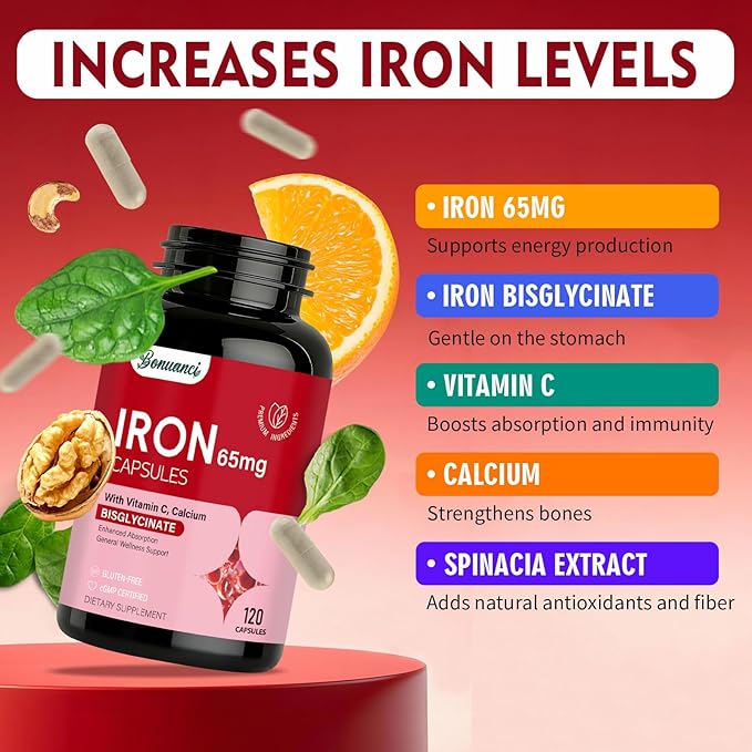 Iron Supplement - Iron 65mg High Absorption Iron Bisglycinate with Vitamin C, Calcium, Gentle Iron Pills for Women Men - Non GMO & Gluten Free, Stomach Friendly, 120 Capsules