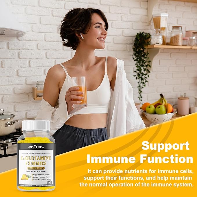 L-Glutamine Gummies 1000mg, Glutamine Supplement for Women & Men, with BCAAs, Magnesium & NAC, Support Gut, Muscle Health & Immunity, Vegan, Non-GMO, Gluten Free, Keto Friendly,Pineapple Flav, 60Ct