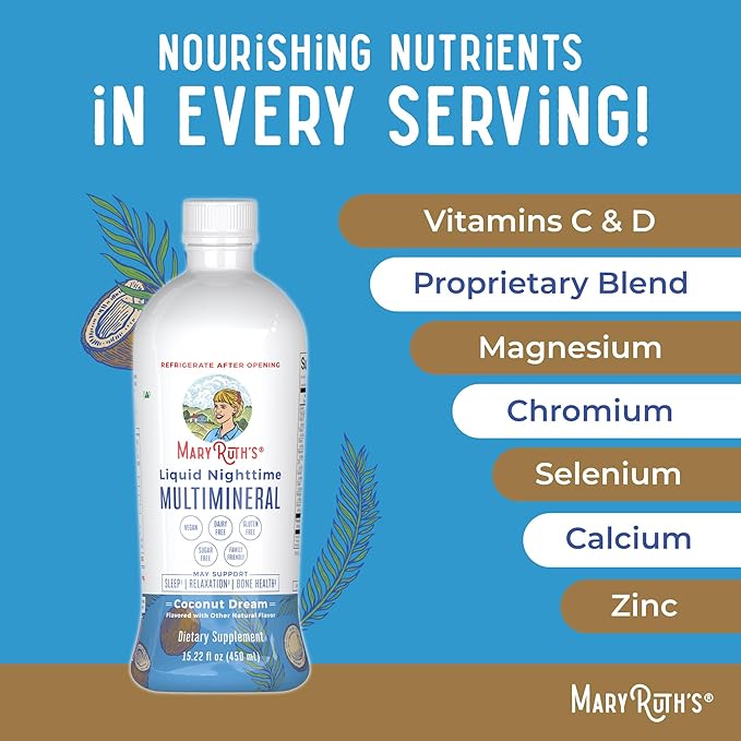 MaryRuth's Liquid Nighttime Multimineral (Coconut, 32oz) & Women's Multivitamin + Hair Growth Liposomal (Peach) | Clean Label Project Verified® | Vegan | Beauty, Bedtime Routine, & Overall Health