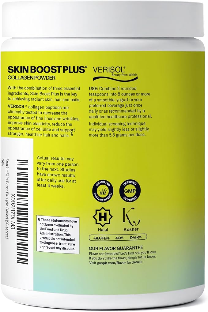 Sparkle Wellness VERISOL Bioactive Hydrolyzed Collagen Peptides | Collagen Powder Supplement with Vitamin C & Hyaluronic Acid for Hair, Skin, and Nail Health | Skin Boost Plus (No Flavor) [50-Serves]