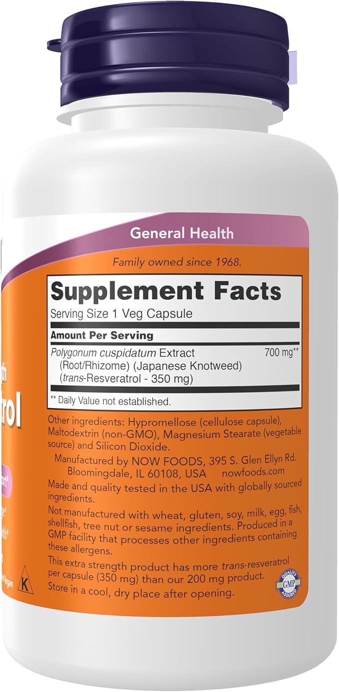 NOW Foods Supplements, Extra Strength Resveratrol 350mg, Natural Trans Resveratrol from 700 mg Japanese Knotweed Extract, 60 Veg Capsule