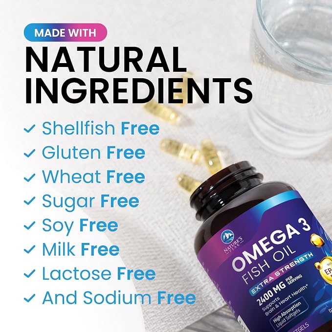 Omega 3 Fish Oil Supplements - 2400mg Fish Oil Per Serving - Triple Strength Omega-3 with Fatty Acids EPA & DHA - Natural Heart, Brain & Immune Support - Wild Caught, Bottled in USA - 60 Softgels