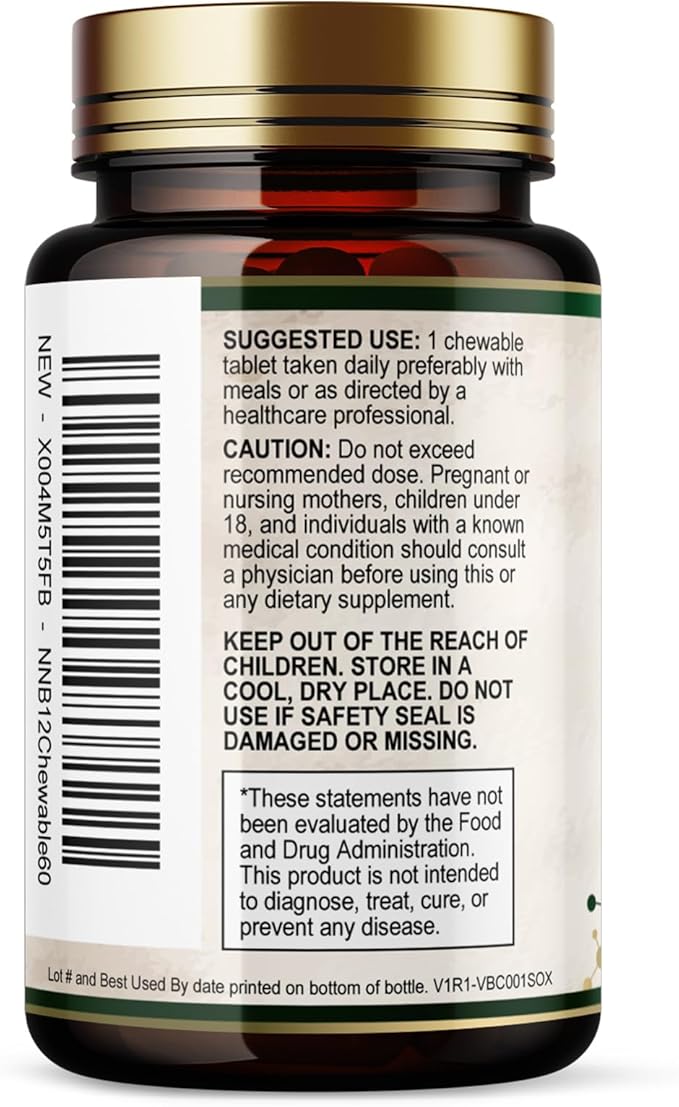 Vitamin B12 - 1000 mcg Per Serving Maximum Strength Methylcobalamin B-12 Chewable Tablet - Energy, Nervous System & Brain Support - Fast Dissolve, Gluten-Free, Non-GMO for Women & Men - 60 Tablets