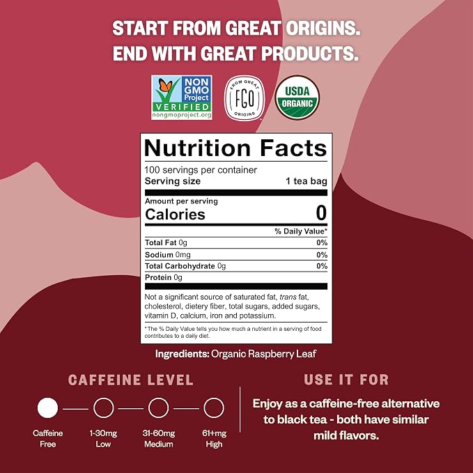 FGO Organic Red Raspberry Leaf Tea Bags, 100 Eco-Conscious Tea Bags, Caffeine Free, Imported from Germany, Reseable Bag, Packaging May Vary (Pack of 1)