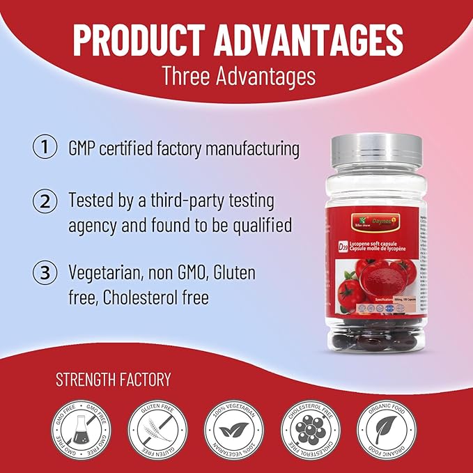 Lycopene Softgel Capsule, 500mg Super Vegetable Tomato Supplement Extract, Supports Heart, Prostate & Skin Health, 100 Count