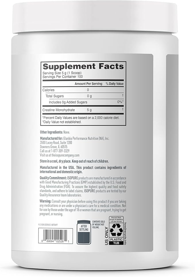Isopure 100% Pure Creatine Monohydrate Powder,Sugar Free,Unflavored,5g Creatine Monohydrate Per Serving,1.1 Lbs,100 Servings (Packaging May Vary),(Pack of 2)