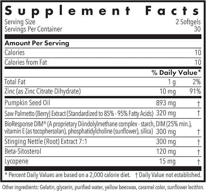 Allergy Research Group DIM Palmetto - Prostate Support Supplement for Men's Health, Zinc with Saw Palmetto, Beta Sitosterol, Stinging Nettle Extract, Pumpkin Seed Oil, Softgels - 60 Count