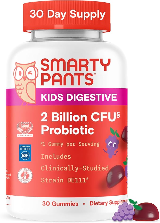 SmartyPants Kids Probiotic Gummies for Digestive Health: 2 Billion CFU Gut Health and Immune Support Supplement, Clinically Studied Probiotic, Gluten Free, Grape, 30 Count (30 Day Supply)