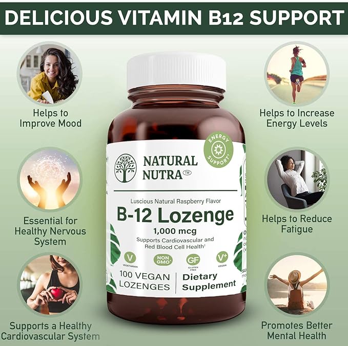 Natural Nutra Vitamin B12 Supplement, Helps to Increase Energy Levels, Essential for Healthy Nervous System, Helps to Improve Mood & Mental Health, Supports Cardiovascular System, 100 Lozenges