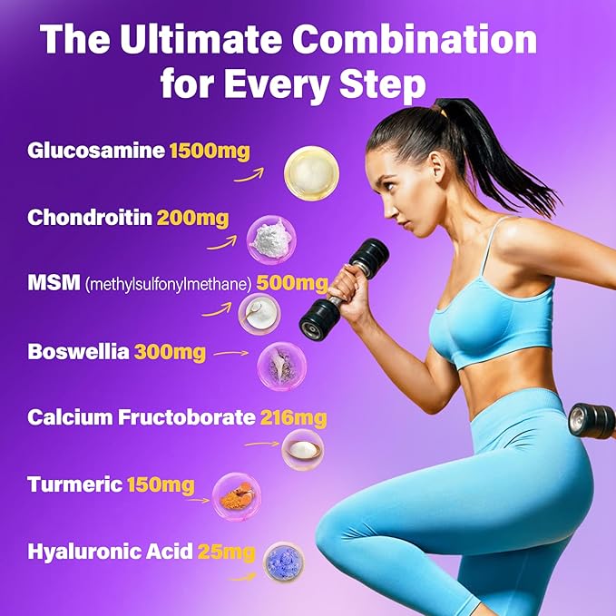 Glucosamine Chondroitin Gummies, Sugar Free Glucosamine Chondroitin MSM Supplement, Extra Strength with Boswellia Turmeric, Hydrolyzed Collagen & Hyaluronic Acid, Bone Health for Men & Women, 60 Cts