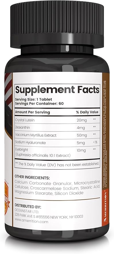 Advanced Lutein Eye Health Supplement - Enhanced with Zeaxanthin, Supports Vision & Eye Health - Non-GMO & Gluten Free - Natural Eye Vitamin Tablets - 60ct