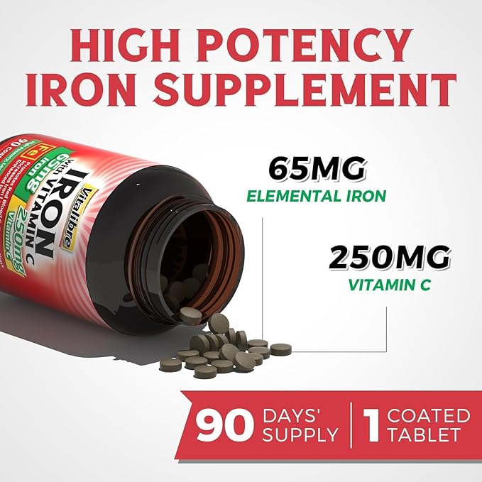 Iron Supplement, 65mg Carbonyl Iron with 250mg Vitamin C, Stomach Friendly Iron Pills for Blood Building Women & Men, High Absorption, No Nausea, No Constipation, Non-GMO, No Gluten, 90 Vegan Tabs
