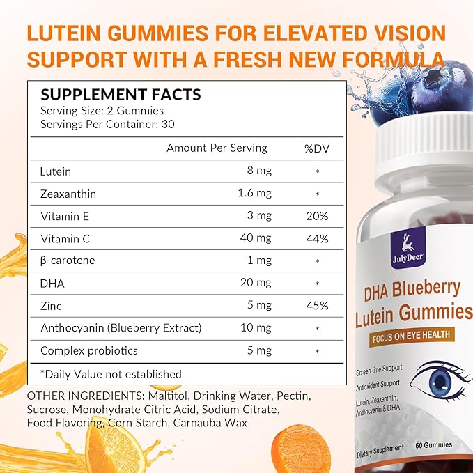 2 Packs Lutein and Zeaxanthin Gummies Supplements Support Eye Health, 9 in 1 with 8mg Lutein & 1.6mg Zeaxanthin, Eye Support | Non-GMO, Vegan | Sweet Orange Flavor | 120 Gummies