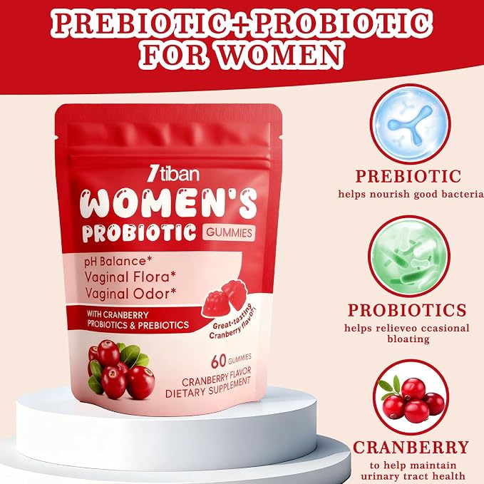 Vaginal Probiotics Gummies for Women, Premium Feminine pH Balance Gummies, Healthy Odor, Yeast Balance & Flora + Vitamin C for Immune Support, 60ct Cranberry Flavor