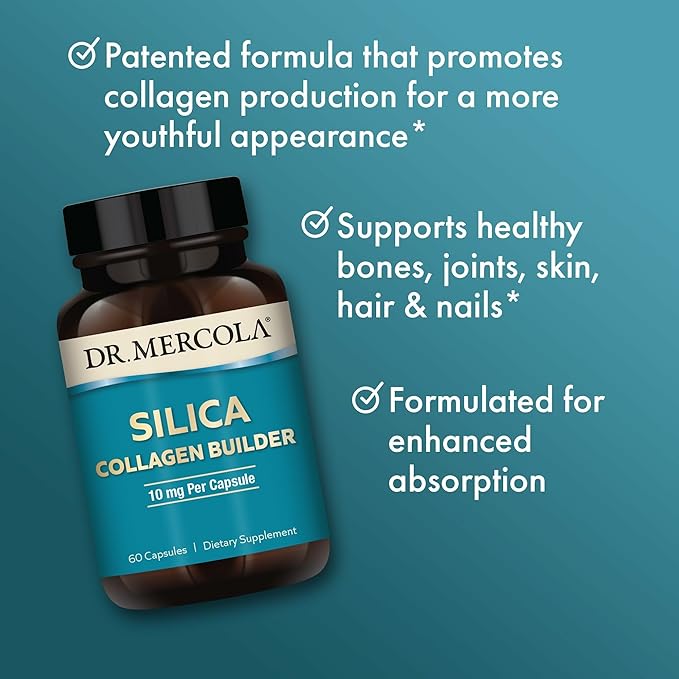 Dr. Mercola Silica Collagen Builder - Plant-Based Silica Supplement to Support Skin, Hair, Nail & Bone Health - Non-GMO, Gluten-Free & Soy-Free - 180 Capsules (90 Servings)