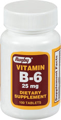 Rugby Vitamin B-6 Tablets - 25mg of Vitamin B6 - Dietary Supplement - 100 Count (1 Pack)