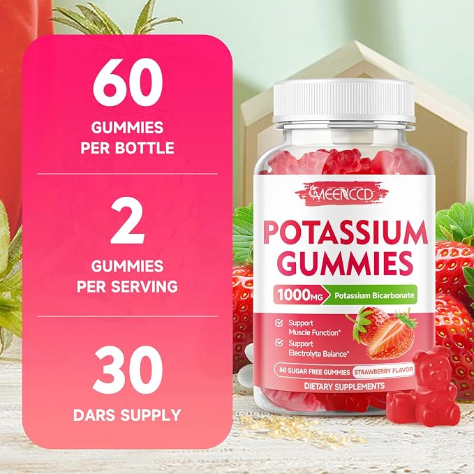 Potassium Gummies, Potassium Bicarbonate Supplement for Adults & Kids, Potassium Supplement for Electrolyte Balance & Muscle Heath, Sugar-Free, Strawberry Flavor, 60 Count