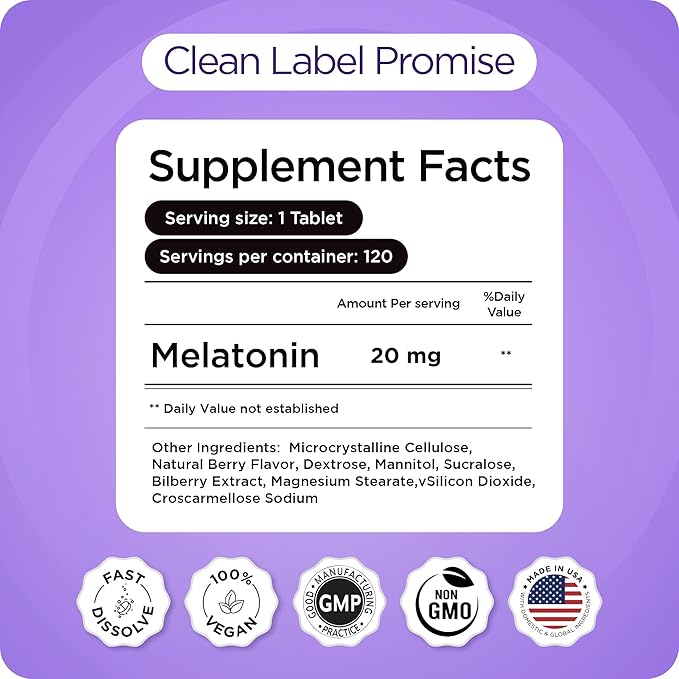 Melatonin 20mg Fast Dissolve Tablets - High Potency, Fast Acting, Natural Sleep Support - Sleep Aids for Adults - Non-Groggy, Drug-Free Formula - 120 Sleeping Pills (120 count (Pack of 1))