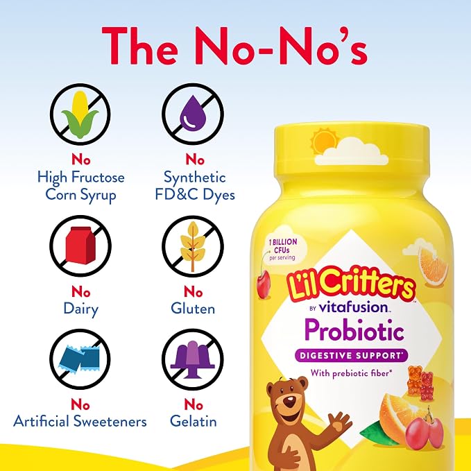 L’il Critters Probiotic Daily Gummy Supplement for Kids, for Digestive Health Support, Grape, Cherry and Orange Flavors, 60 Gummies