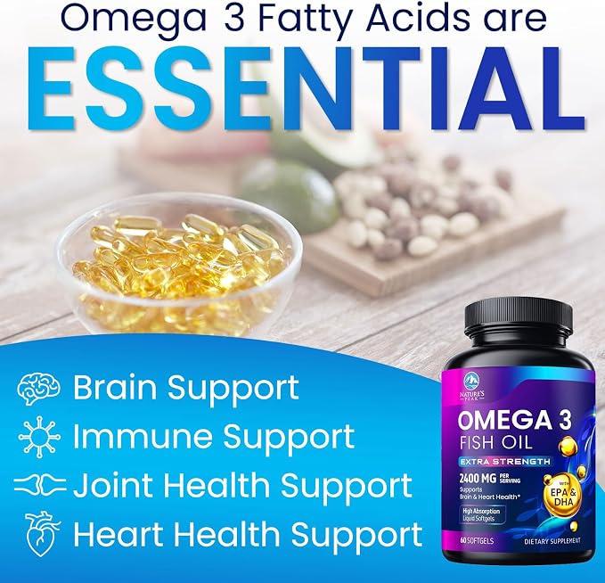 Omega 3 Fish Oil Supplements - 2400mg Fish Oil Per Serving - Triple Strength Omega-3 with Fatty Acids EPA & DHA - Natural Heart, Brain & Immune Support - Wild Caught, Bottled in USA - 60 Softgels