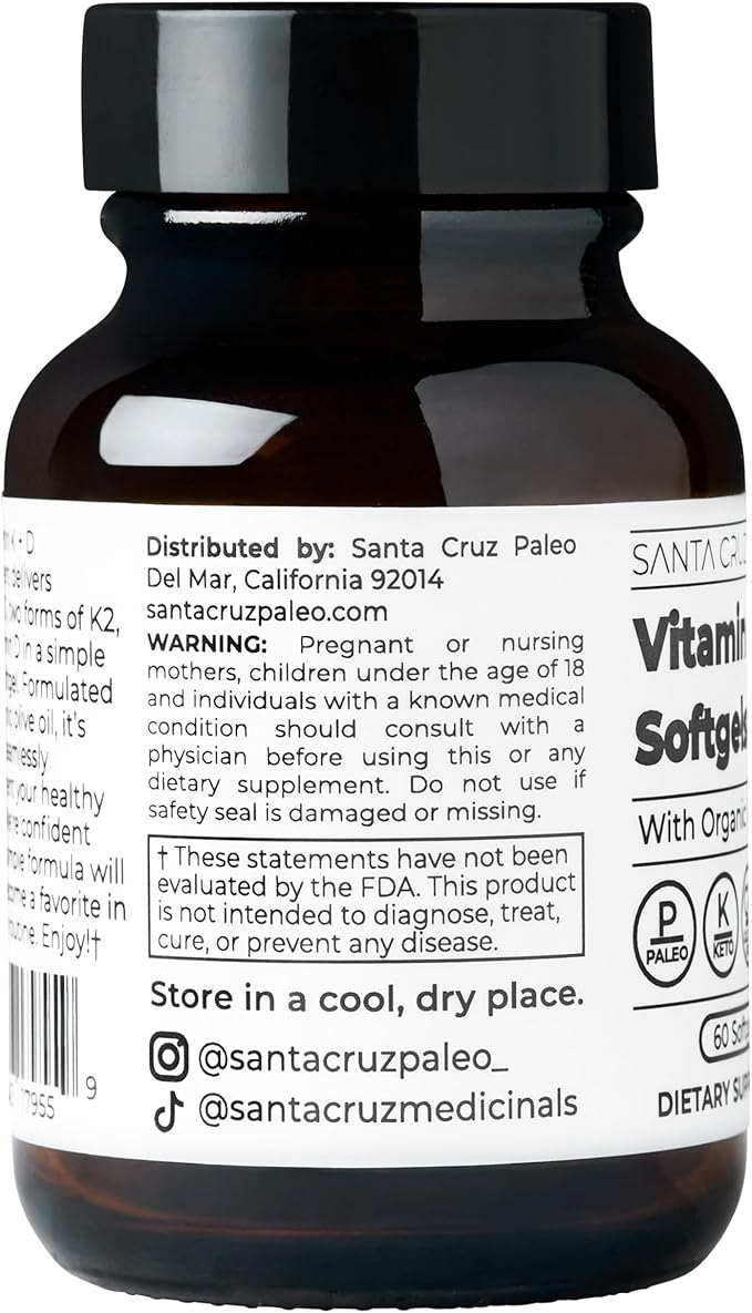 Santa Cruz Paleo Vitamin K2 + D3 Softgels, Daily Supplement with Organic Olive Oil, Includes Vitamin K1 & Two Forms of K2, Supports Heart & Bone Health, Gluten Free, Sugar Free, Paleo, Keto, 60 Count