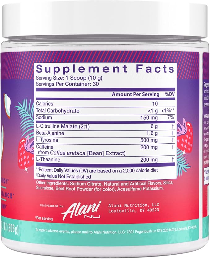 Alani Nu Pre Workout Powder Hawaiian Shaved ICE, Amino Energy Boost, Endurance Supplement, Sugar Free, 200mg Caffeine, L-Theanine, Beta-Alanine, L-Citrulline, 30 Servings
