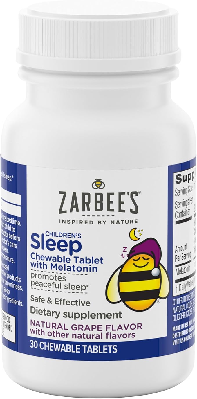 Zarbee's Kids 1mg Melatonin Chewable Tablet, Drug-Free & Effective Sleep Supplement, Easy to Take Natural Grape Flavor Tablets for Children Ages 3 and Up, 30 Count