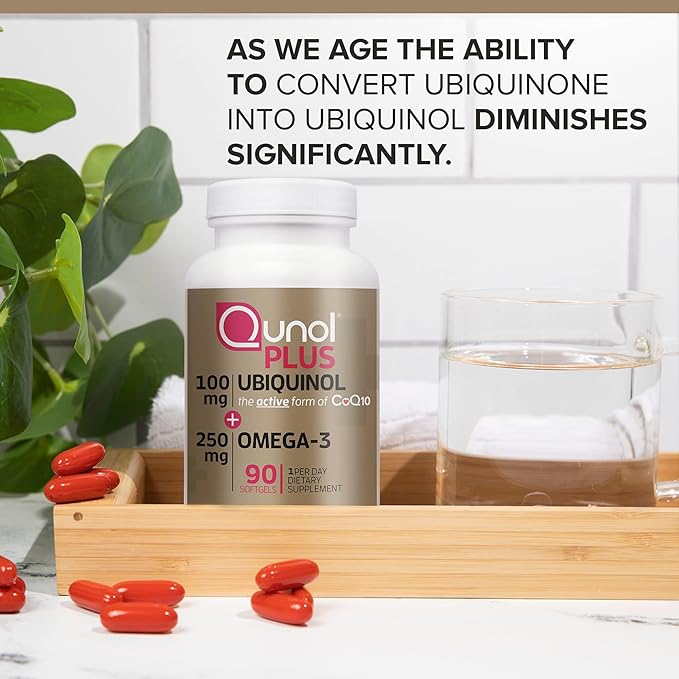 Qunol Plus Ubiquinol CoQ10 100mg with Omega 3 Fish Oil 250mg, Extra Strength Antioxidant Supplement, 90 Count