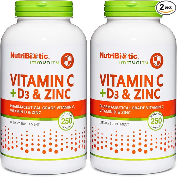 NutriBiotic – Vitamin C + Vitamin D3 & Zinc, 250 Capsules | Potent, Comprehensive Immune Support | Essential & Antioxidant Daily Supplement | Gluten & GMO Free (Pack of 2)