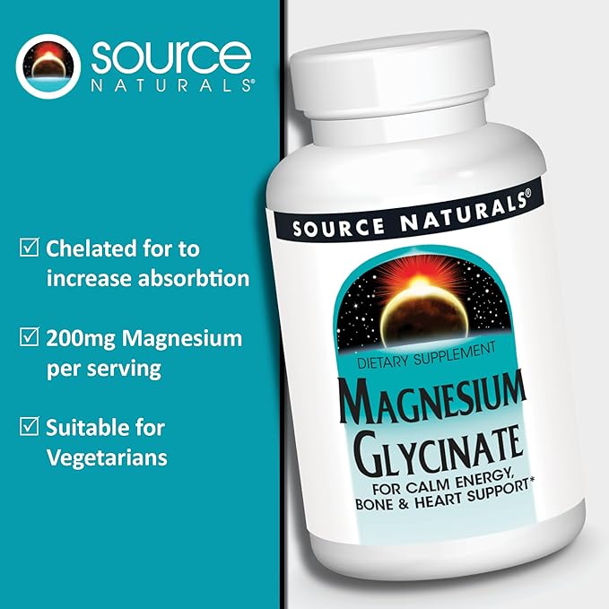 Source Naturals Magnesium Glycinate, Chelated for high Absorption | for Calm Energy, Bone & Heart Support*, 200 mg per Serving - 60 Tablets