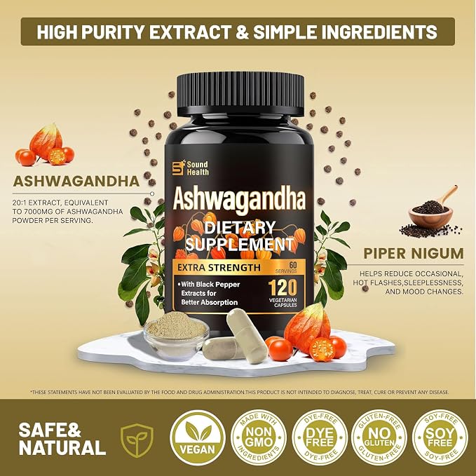 SoundHealth Organic Ashwagandha Capsules Supplement - 120 Capsules (60 Servings)