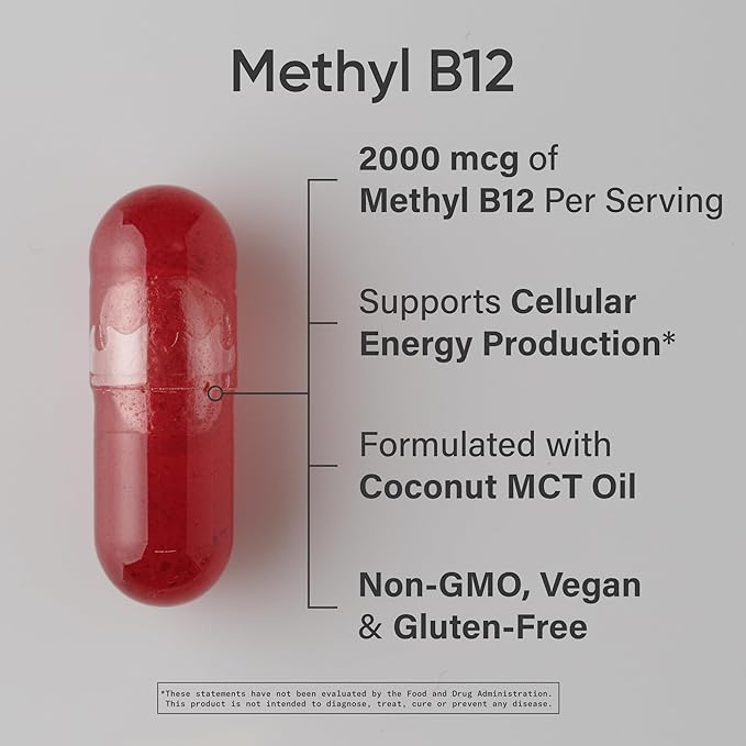 Sports Research® Vitamin B12 as Methylcobalamin 2000mcg - Plant Based B12 w/Coconut MCT Oil for Energy Metabolism Support - Vegan Certified · Non-GMO · Gluten Free - 120 Liquid Caps
