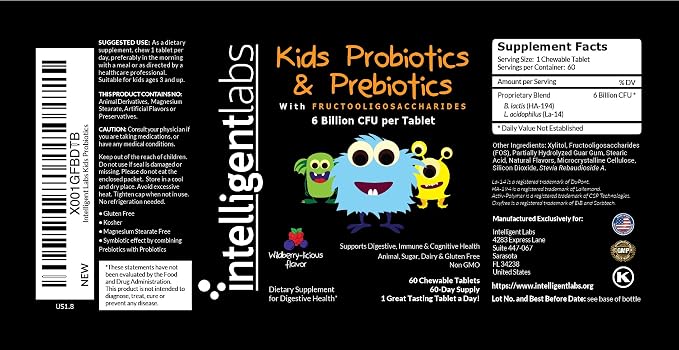Intelligent Labs Kids/Children Probiotics 6 Billion CFU with Prebiotics, PHGG & FOS, Once-Daily Chewable, Great Taste, 10x Effectiveness, 60-Day Supply, Third-Party Verified