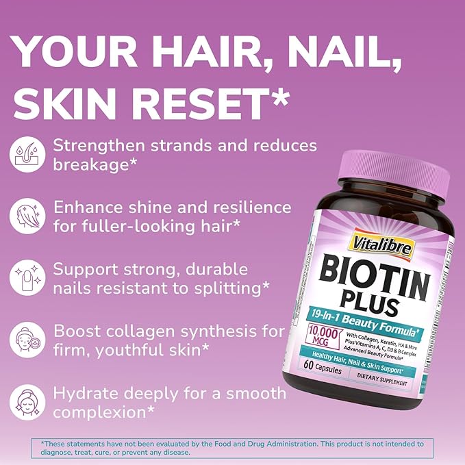 Biotin 10000mcg, Vitamin B7, Hydrolyzed Keratin, Hyaluronic Acid, Collagen, Amino Acids, MSM, Vitamins A, C, D3, B Complex, Hair, Nail, Skin, for Women & Men, 60 Caps