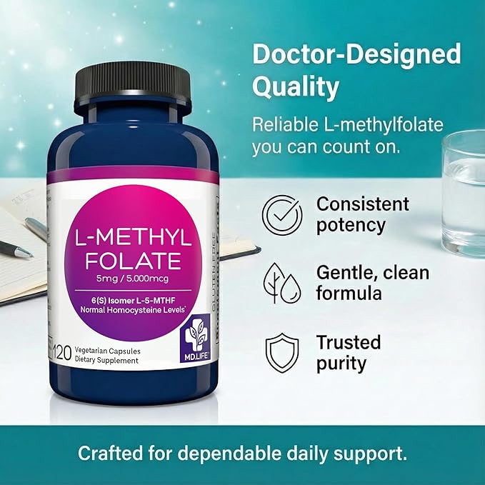 MD Life L-Methylfolate 5 mg Supplement - Professional-Grade Active L Methylfolate Supplement - 120 Capsules - L-Methylfolate 5mg - Maximum Potency MTHFR W/Essential Amino Acids