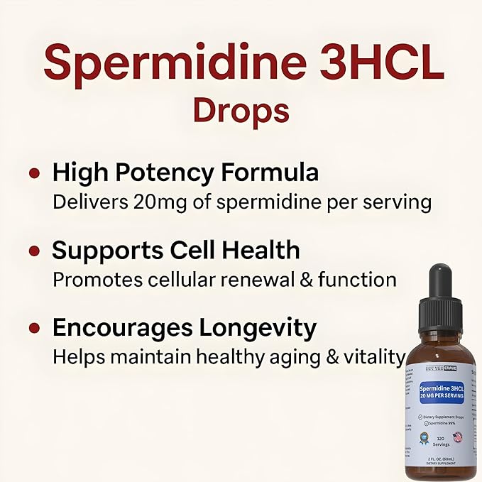 Spermidine Liquid Drops – 20mg per Serving – Cellular Health & Longevity Support – Fast-Absorbing Formula – 2 fl oz Dropper Bottle – Non-GMO, Vegan, Sugar-Free