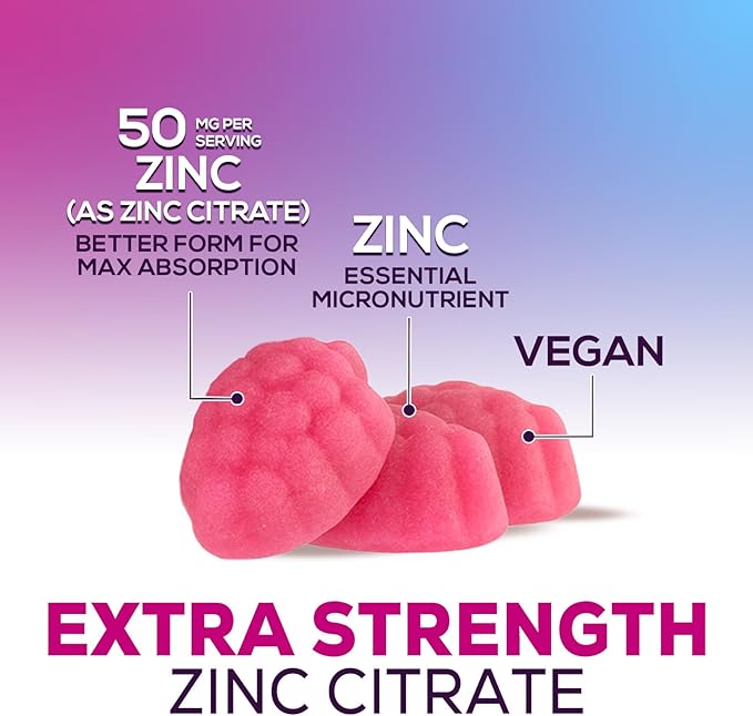 Zinc Gummies 50mg per Serving - Extra Strength Immune Support Antioxidant Gummy, Non-GMO & Gluten Free - Best Zinc Supplement for Skin Bone & Heart Health - Chewable Tasty Berry Flavor - 60 Gummies