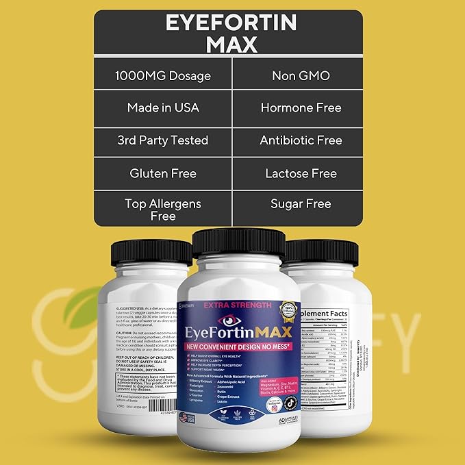 EyeFortin MAX Eye Health Supplement, 60 Capsules, Extra Strength with Lutein, Vitamins A C E B12, Bilberry Extract, 30 Day Supply (2)
