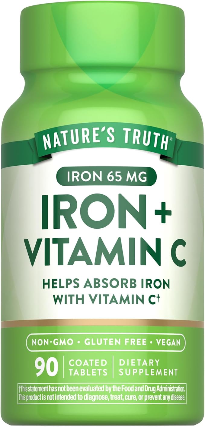 Nature's Truth Iron Plus Vitamin C Tablets | 65mg of Iron | 90 Count | High Potency | Vegan, Non-GMO & Gluten Free Supplement